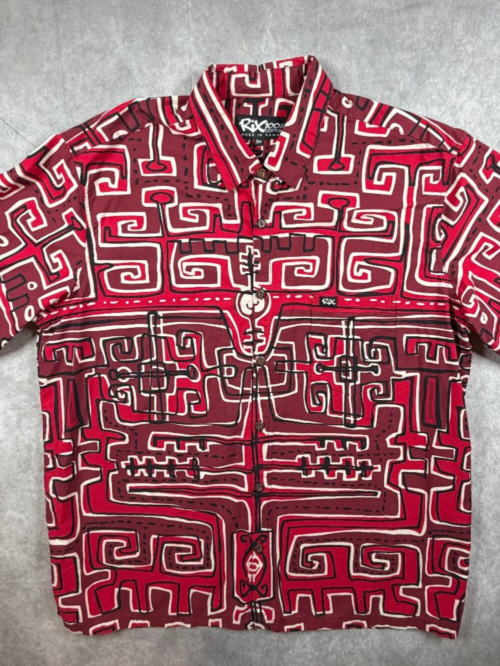 RIX 100% Cotton Hawaiian Shirt Mens 3X Red Tribal Short Sleeve Hawaii